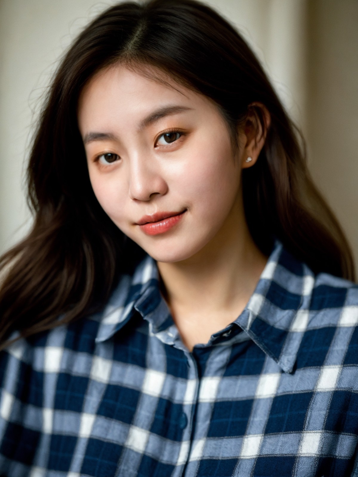 1girl, woman looking something, korean girl portrait, best quality, wearing flannel shirt, flirting smiling portrayal, eth...